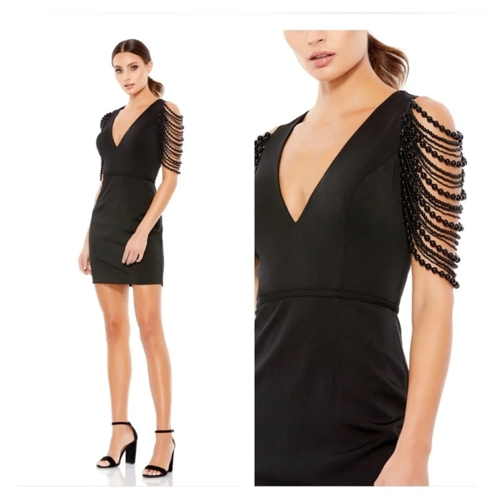 NWT Mac Duggal 26526 Draped Beaded Sleeve V-Neck Cocktail Dress - Picture 1 of 5